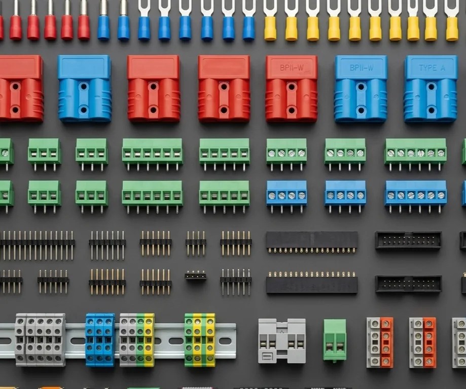 Assortment of electronic connectors and terminal blocks for various applications